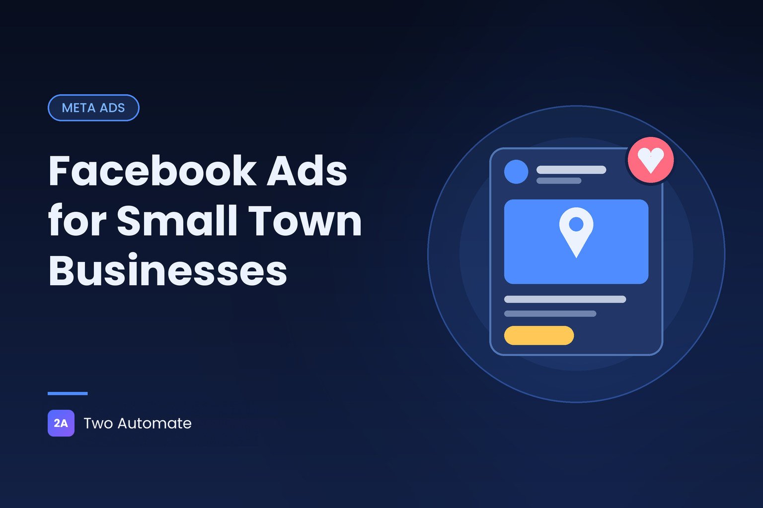 Cover graphic with an ad card and speech bubble for a guide to Facebook ads for small town businesses
